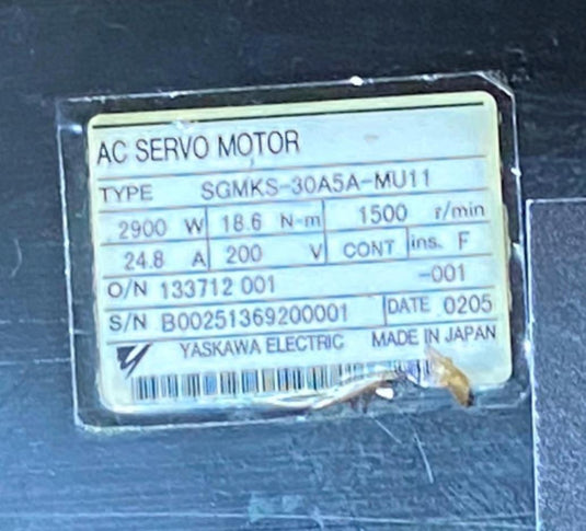 YASKAWA SGMKS-30A5A-MU11 AC SERVO MOTOR (USED) - Caliber Automation Online Store
