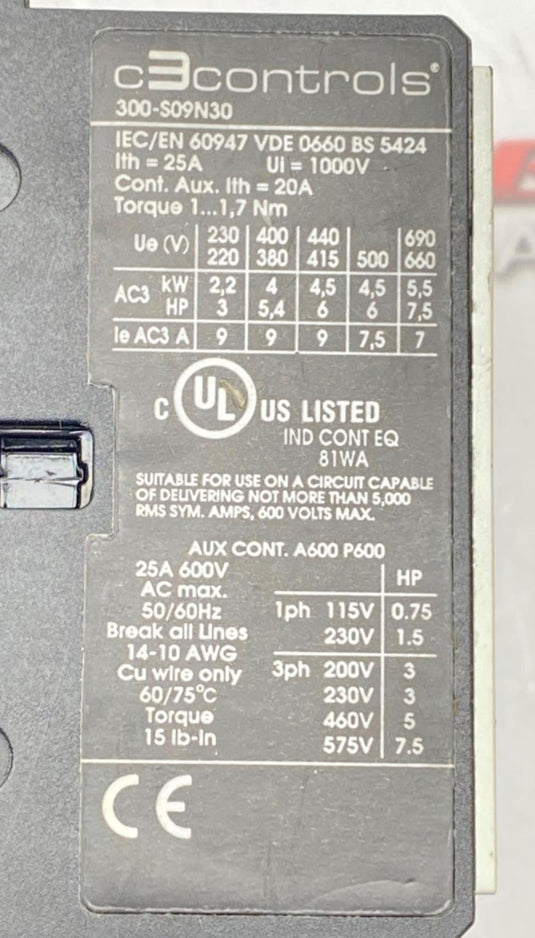 C3 CONTROLS 300-S09N30 Contactor  W/320-B2 Thermal Overload Relay (USED) - Caliber Automation Online Store